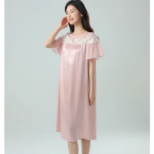 22MM 100% Mulberry Silk Pink Nightdress Chemise Romantic Lace Nightgown Loose Homewear Short-sleeved Midi Sleeping Dress Nighty - AliExpress Women's Sleep & Lounge