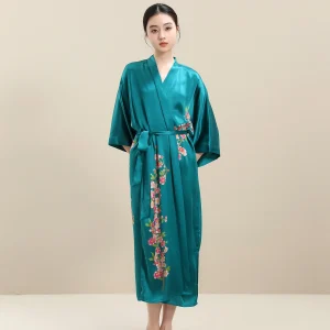 Women 100% Mulberry Silk Long Robe Summer Floral Print Kimono Nightgown Luxury Satin V Neck Belted Loungewear Sleepwear Bathrobe - AliExpress Women's Sleep & Lounge
