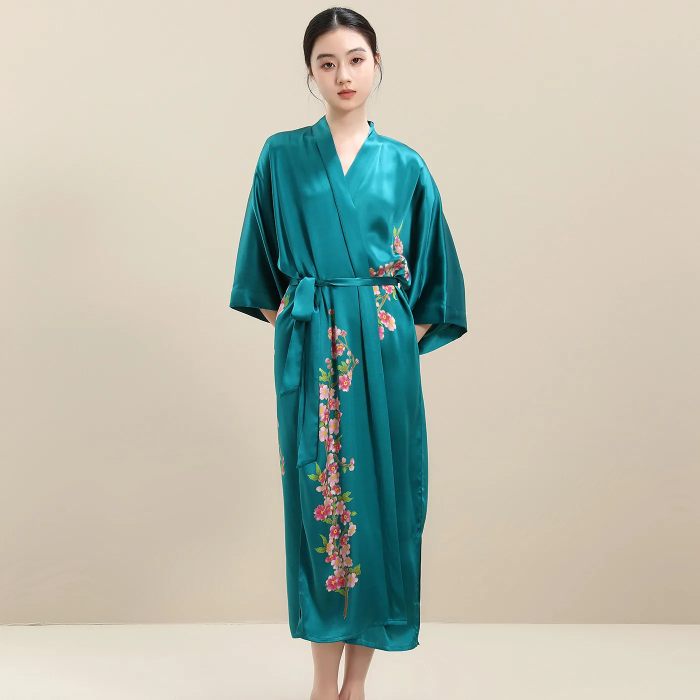 Women 100% Mulberry Silk Long Robe Summer Floral Print Kimono Nightgown Luxury Satin V Neck Belted Loungewear Sleepwear Bathrobe - AliExpress Women's Sleep & Lounge