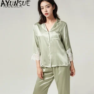 AYUNSUE 19Mm 100% Mulberry Silk Sleepwear Women Spring Summer Clothes Pajama Set Half-Sleeve Top Long Pants Women's Home Clothes - AliExpress Women's Sleep & Lounge
