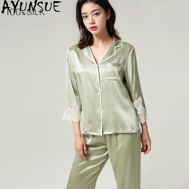 AYUNSUE 19Mm 100% Mulberry Silk Sleepwear Women Spring Summer Clothes Pajama Set Half-Sleeve Top Long Pants Women's Home Clothes - AliExpress Women's Sleep & Lounge