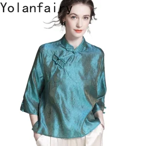 YOLANFAIRY High-end 100% Real Mulberry Silk Shirt for Women Summer Tops Vintage Stand Collar Blouse Woman Elegant Shirts Female - AliExpress Shirts & Blouses