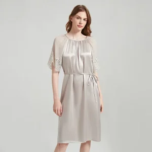 100% Mulberry Silk Chemise Lace Midi Nightdress Women's Tie Waist Sleep Dress Short Sleeves Loose Sleepwear Nightgown Homewear - AliExpress Women's Sleep & Lounge
