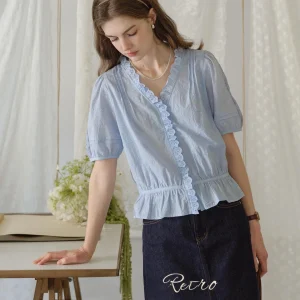 SimpleRetro French Style Short Sleeve Embroidered Cotton Shirt Women's Short Waist-Cinching Top V-Neck Open Cardigan - AliExpress Shirts & Blouses