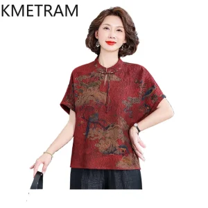 KMETRAM 100% Mulberry Silk Middle-aged Womens Shirt 2026 Summer Retro Elegant Printed Xiangyunsha Short-sleeved Shirt Ropa Mujer - AliExpress Shirts & Blouses