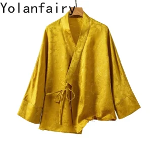 YOLANFAIRY 100% Real Mulberry Silk Blouses for Woman Elegant Spring Fashion V-neck Shirt Lace-up Womens Tops Nine Quarter Shirts - AliExpress Shirts & Blouses