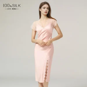 19MM Silk Short Sleeve Lace Nightdress Slim Fit 100% Mulberry Silk Split Nightgown Sexy Sleep Dress Lingerie Sleepwear Nightie - AliExpress Women's Sleep & Lounge