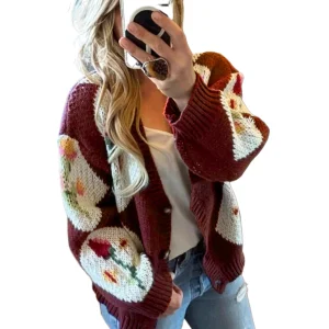 2025 cross-border foreign trade contrasting colors flower and winter women's European and American casual knitted sweater jacket - AliExpress Sweaters&Jumpers