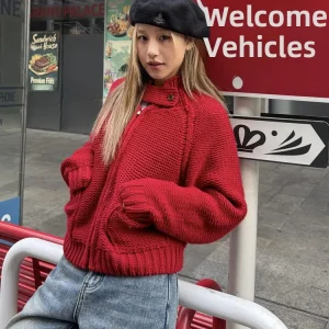 Red Knitted Sweater Coat Lazy Sle Autumn Winter Women's Clothing Street Sle Loose Fit Long Sve Zipper Closure Casual Wear - AliExpress Sweaters&Jumpers