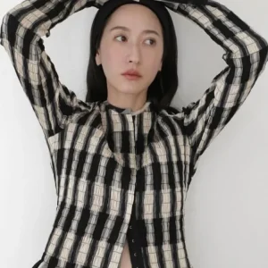 C1ane Pure Plaid Shirt Women's Slim Fit round Neck Bell Sleeve Folded Design Commute Style Long Sleeve Top - AliExpress Shirts & Blouses