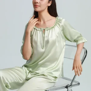 Ruffled 19MM 100% Mulberry Silk Women's Sleepwear & Loungewear Button Up Lapel Top & Trousers Half Sleeves Cardigan Pajama Set - AliExpress Women's Sleep & Lounge