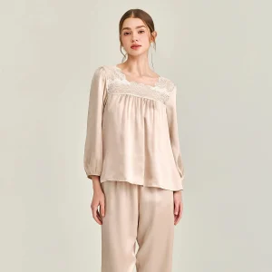 19MM 100% Real Mulberry Silk Plus Size Pajamas Solid Lace Loungewear PJ Suit Casual Home Wear Long Sleeve Trousers Two Piece Set - AliExpress Women's Sleep & Lounge