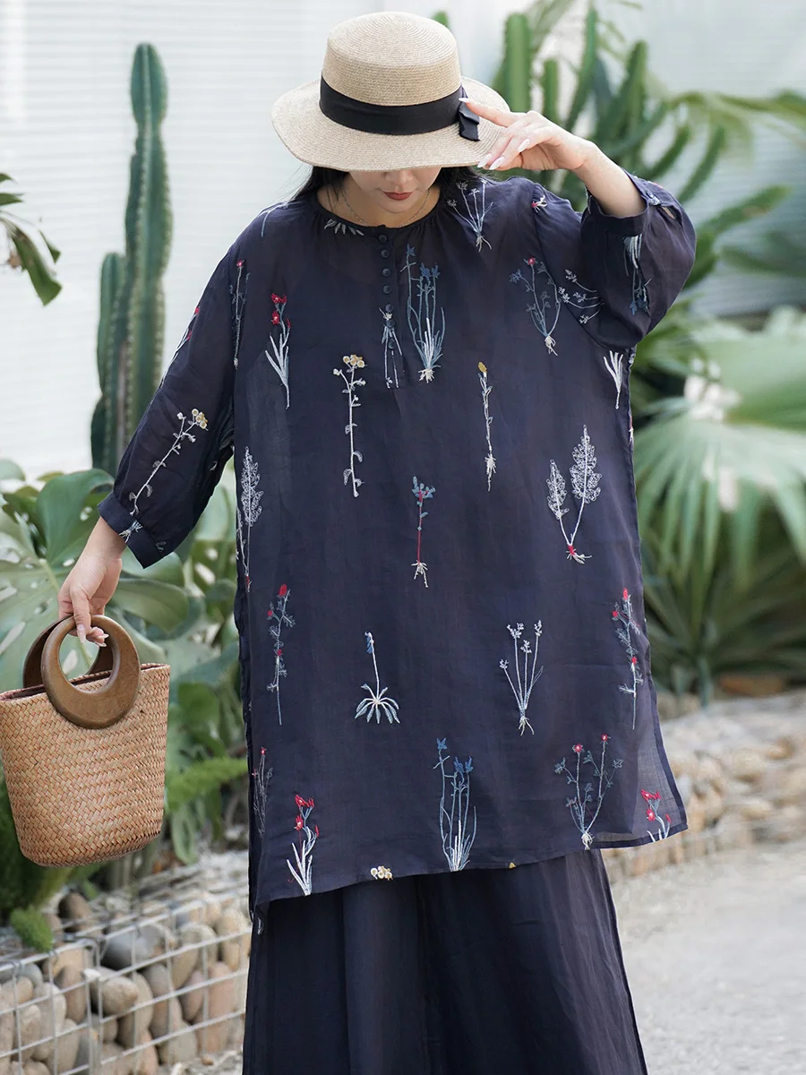 Miaowei Wind Bell Grass High-End Embroidered Flax Women's Loose Long Shirt Mid-Length Sleeveless Top round Neck Button Detail - AliExpress Shirts & Blouses