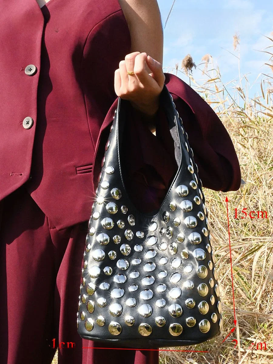 UGALS Dark Punk Metal Rivet Bucket Bag Fashionable Versatile Underarm Tote Bag British Style Single Shoulder Handbag for Youth - AliExpress Women's Handbags