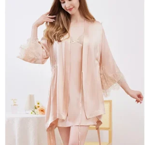 Women's Silk Camisole Dress & Robe Set Sexy Lace Trim 100% Mulberry Silk Kimono Bathrobe Pajamas 2-Piece Loungewear Bridal Robe - AliExpress Women's Sleep & Lounge