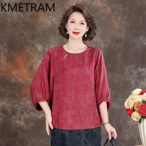 KMETRAM 100% Mulberry Silk Xiangyunsha Women Tops 2026 Spring Chinese-style Floral Pattern Three Quarter Sleeve Shirt Ropa Mujer - AliExpress Shirts & Blouses