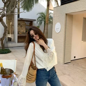 Loo Acetate Lace Shirt Women's round Neck Bell Sleeve Simple Match All French Style Long Sleeve Spring Fashion for Middle-Age... - AliExpress Shirts & Blouses