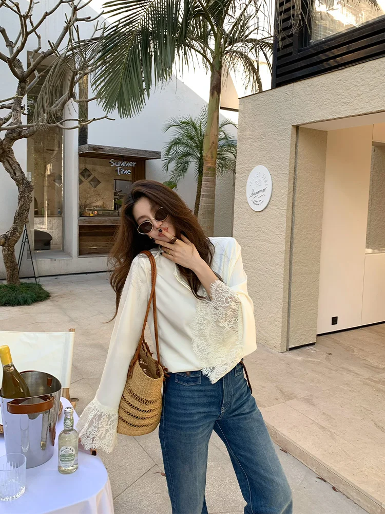 Loo Acetate Lace Shirt Women's round Neck Bell Sleeve Simple Match All French Style Long Sleeve Spring Fashion for Middle-Age... - AliExpress Shirts & Blouses