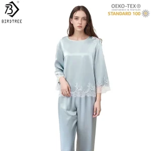 BirdTree,OEKO-TEX, 19MM 100%  Silk Pajamas Set,Women's Solid Full Sleeve O-neck Lace Homewear Clothes,2025 New P5D931JF - AliExpress Women's Sleep & Lounge