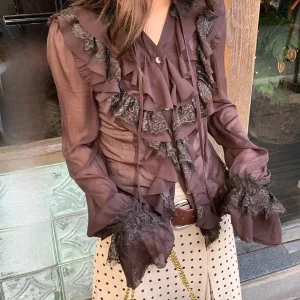 Retro Sle Women's Long Sve irt V-Ne Lace Splicing Loose Fit Multi-Layer Top Breathable Polyester Comfortable Skin-Fr... - AliExpress Shirts & Blouses