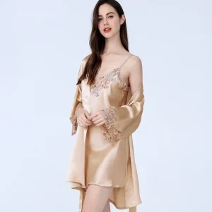 100% Mulberry Silk Long Sleeve 2-Piece Robe With Nighgown Set Embroidery Lace V Neck Women's Kimono Bathrobe Nightwear PJ Robes - AliExpress Women's Sleep & Lounge
