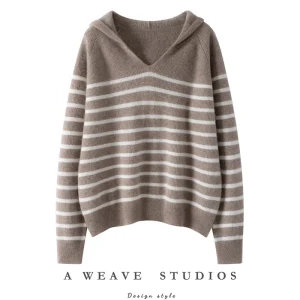 Luxury Autumn Winter Women's 100% Cashmere Hooded Sweater Soft Warm Pullover Striped Hoodie Jumpers Casual Female Knitwear Tops - AliExpress Sweaters&Jumpers