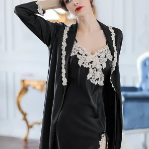 100% Mulberry Silk Women Robe Set with Sexy Lace Trim Slit Nightdress Lapel Kimono Robes Morning Gown Home Service Loungewear PJ - AliExpress Women's Sleep & Lounge