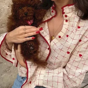Artistic Style Embroidered Heart Cute Gingham Plaid Long Sleeve Shirt Stand Collar Bell Sleeve Skin-friendly Breathable Women... - AliExpress Shirts & Blouses