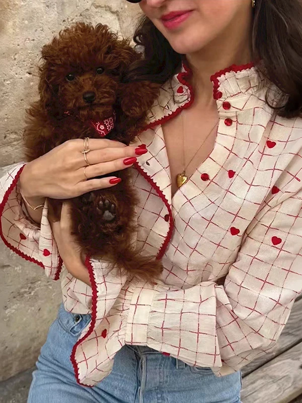Artistic Style Embroidered Heart Cute Gingham Plaid Long Sleeve Shirt Stand Collar Bell Sleeve Skin-friendly Breathable Women... - AliExpress Shirts & Blouses