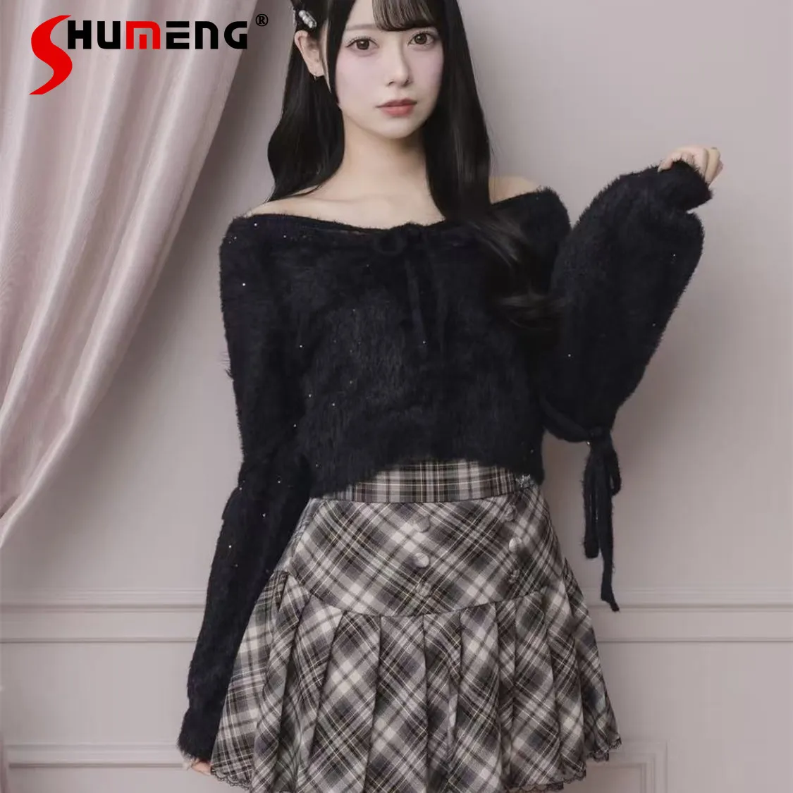 Japanese Style Elegant Sweet Lace-Up Bow V-Neck Off-Shoulder Long Sleeve Versatile Knitted Sweaters Pullovers for Women Spring - AliExpress Sweaters&Jumpers