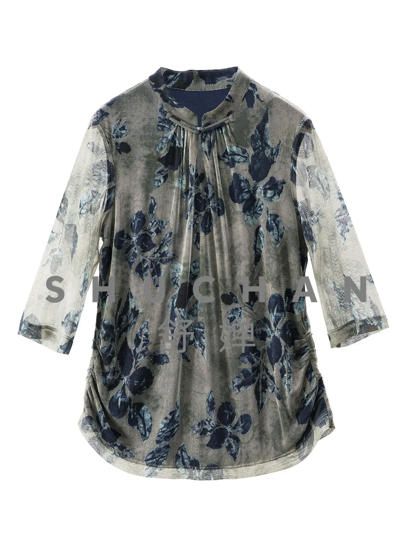 5A Gupta Double-layer Knitted Silk Stand-up Collar Five-quarter Sleeve Mesh T-shirt Women's 18W6 - AliExpress Shirts & Blouses