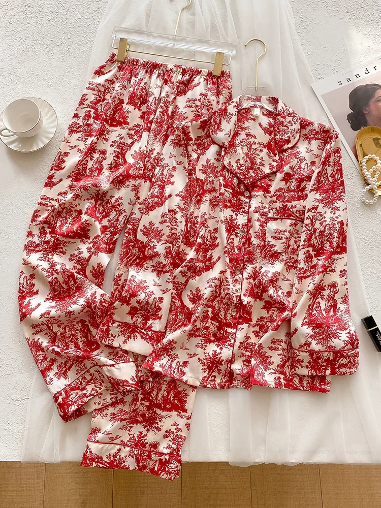 New Red Sleepwear Long Sleeve Thin 100% Silk Luxury Home Furnishing Set - AliExpress Women's Sleep & Lounge