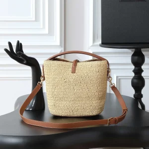 2026 New Arrival Raffia Woven Large Capacity Bucket Bag with Leather Trim, French Lazy Vacation Style Shoulder Bag - AliExpress Women's Handbags