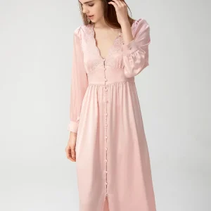 Deep V-neck Long Silk Nightdress 100% Mulberry Silk Long Sleeve Chemise Sexy Sleep Shirt Dress for Women Korean Button Nightgown - AliExpress Women's Sleep & Lounge