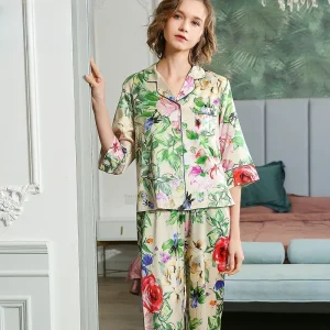19MM Mulberry Silk Women's Floral Pajamas 2 Piece Suit Button Elegant Loungewear Long Sleeve Top & Pants luxury Pyjama nightwear - AliExpress Women's Sleep & Lounge