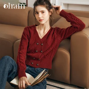 OLrain Women's Winter Sweater 2025 Vintage V-Neck Knit Female Cardigan French Metal Buttons Slim Fit Ladies Jumpers O57QM85392 - AliExpress Sweaters&Jumpers