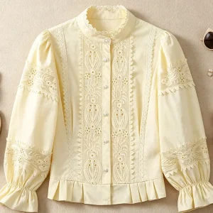 Fashionable Court Style Embroidered Stand Collar Short Shirt Women's Bubble Long Sleeve Sweet Gentle Top Anti-Aging Cotton - AliExpress Shirts & Blouses