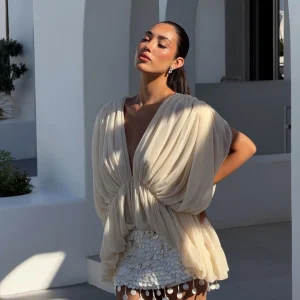 Romantic Casual Spring Summer Vacation Style High Waist V-Neck Batwing Sleeve Heavy Embellished Shirt Women's Loose Fit Blouse - AliExpress Shirts & Blouses