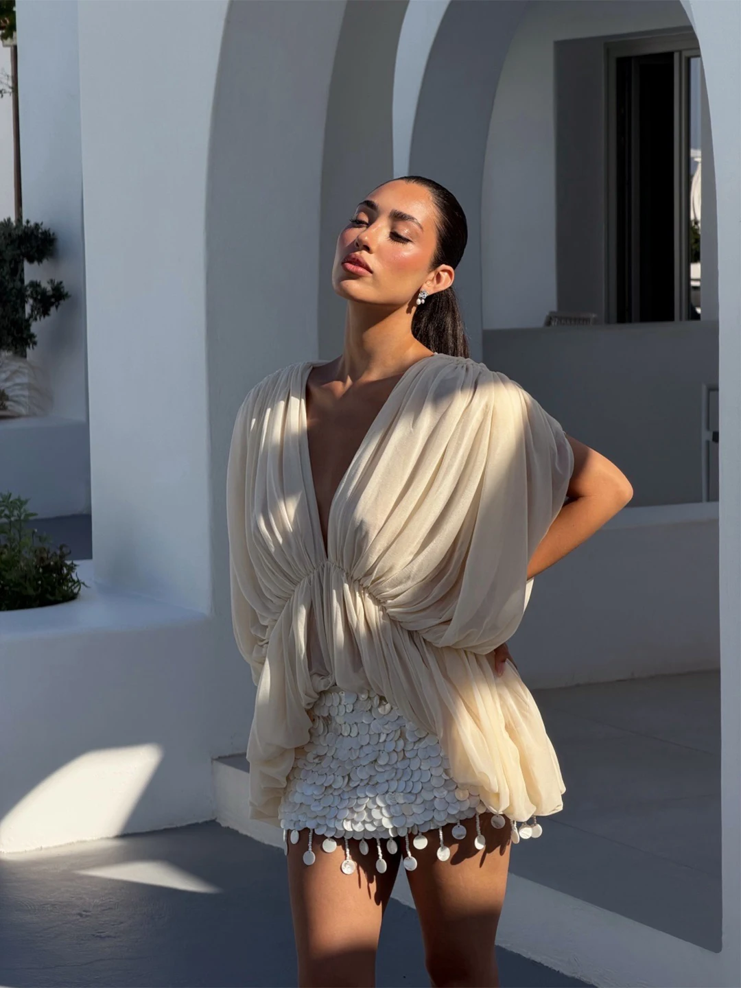 Romantic Casual Spring Summer Vacation Style High Waist V-Neck Batwing Sleeve Heavy Embellished Shirt Women's Loose Fit Blouse - AliExpress Shirts & Blouses