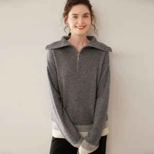 Collarless Color Block Pullover Women's 100% Cashmere Half-Zip Fashion Long Sleeve Sweater Autumn Winter Trendy Casual Soft Knit - AliExpress Sweaters&Jumpers