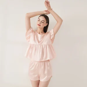 Real 19MM Mulberry Silk Ruffled Short Sleeves Buttons Lapel Top & Elastic Shorts Pajama Set Women's Sleepwear Casual Loungewear - AliExpress Women's Sleep & Lounge