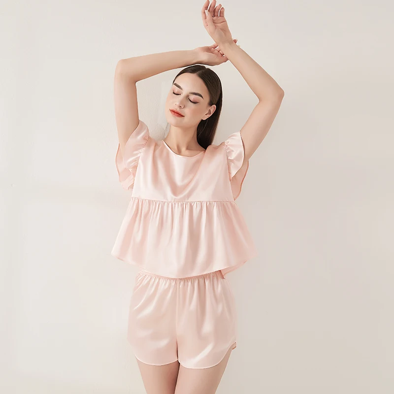 Real 19MM Mulberry Silk Ruffled Short Sleeves Buttons Lapel Top & Elastic Shorts Pajama Set Women's Sleepwear Casual Loungewear - AliExpress Women's Sleep & Lounge