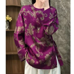 Retro Spring New Chinese style Round Neck Silk Guangdong Yarn Printed Diagonal Collar Lace Up +Button Women's Shirt S-XL - AliExpress Shirts & Blouses