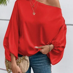 Women's Solid Red Asymmetrical Off-Shoulder Batwing Sleeve Loose Blouse - AliExpress Shirts & Blouses