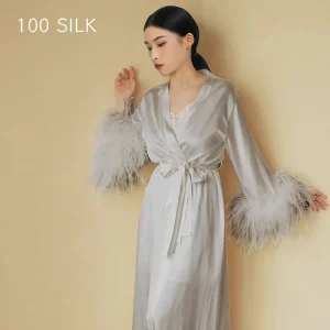 Women's 100% Mulberry Silk Long Robe Luxury Bridal Nightgown with Ostrich Feather Trim Sexy Lingerie Kimono PJ for Autumn Winter - AliExpress Women's Sleep & Lounge
