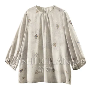 Ink and Wash Porcelain Rhyme Light Luxury Texture Silk Ghost Crepe Pinch Pleated Seven-quarter Sleeve Shirt Women's 65L3 Spe - AliExpress Shirts & Blouses