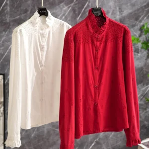 Miu Style Retro Chic Long Sleeve Embroidered Cotton Shirt Stand Collar Hollow out Women's Top Fashionable Versatile Spring Wear - AliExpress Shirts & Blouses