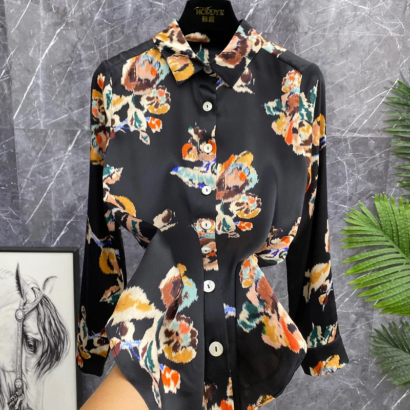 Stunning Bla Floral Silk Long Sve irt Inner Wear Beautiful on Camera Satin Heavyweight Vintage Silk Top Women's Faion - AliExpress Shirts & Blouses