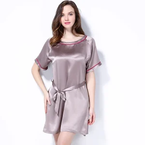 100% Real Silk Short Sleeve Chemise Mini Nightdress Round Neck Belted Solid Nightgown Women's Sexy Loungewear Loose Pajama Dress - AliExpress Women's Sleep & Lounge