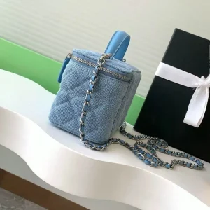 Light Blue Denim Quilted Mini Box Bag, Zipper Vanity Purse Top Handle Leather‑Woven Silver Chain Crossbody Small Square Handbag - AliExpress Women's Handbags